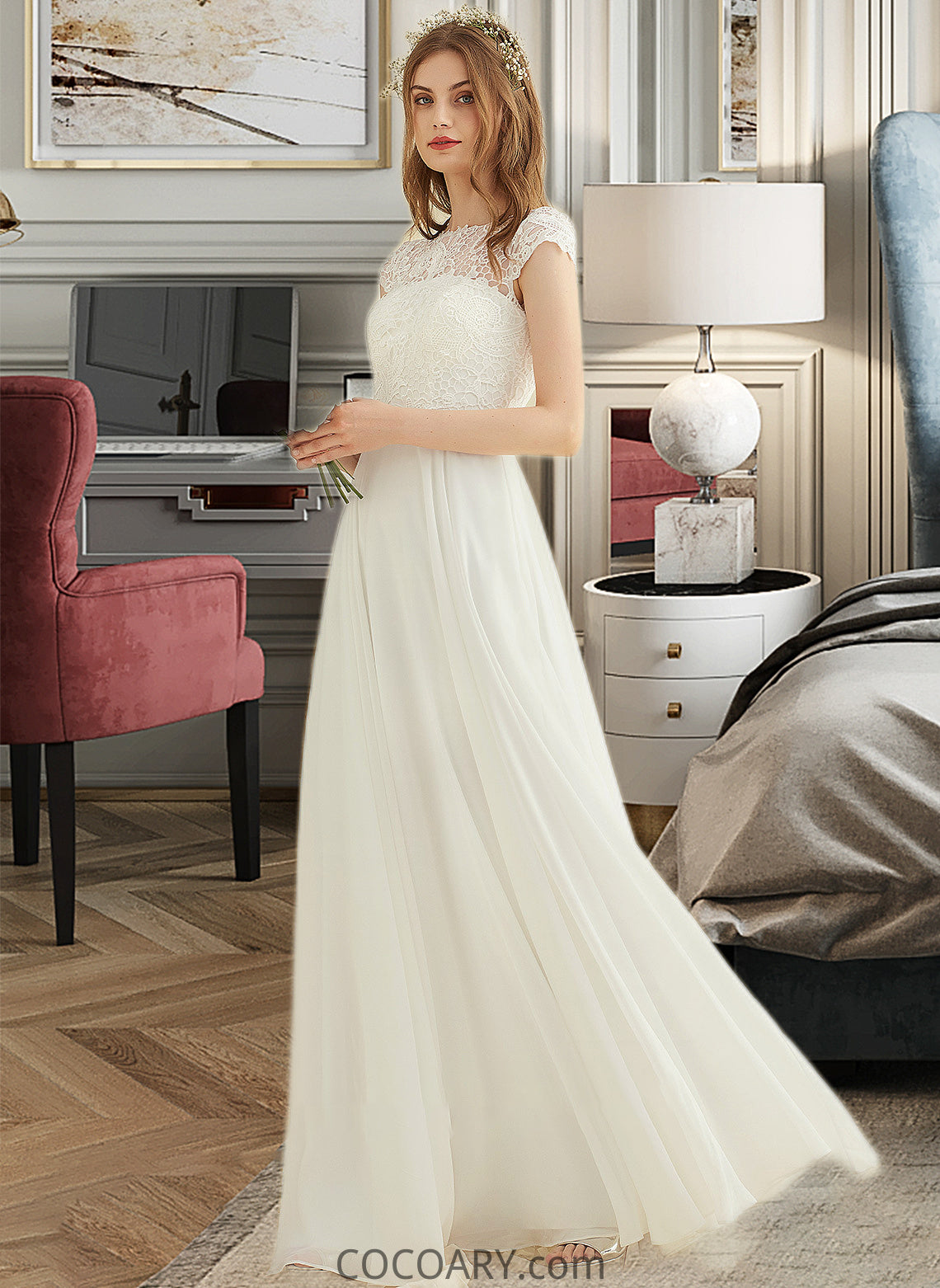 Bailey A-Line Floor-Length Chiffon Lace Wedding Dress DA8P0013687