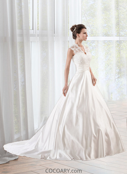 Mareli Ball-Gown/Princess V-neck Court Train Satin Lace Wedding Dress With Ruffle DA8P0013688