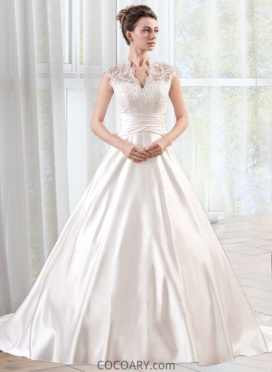 Mareli Ball-Gown/Princess V-neck Court Train Satin Lace Wedding Dress With Ruffle DA8P0013688