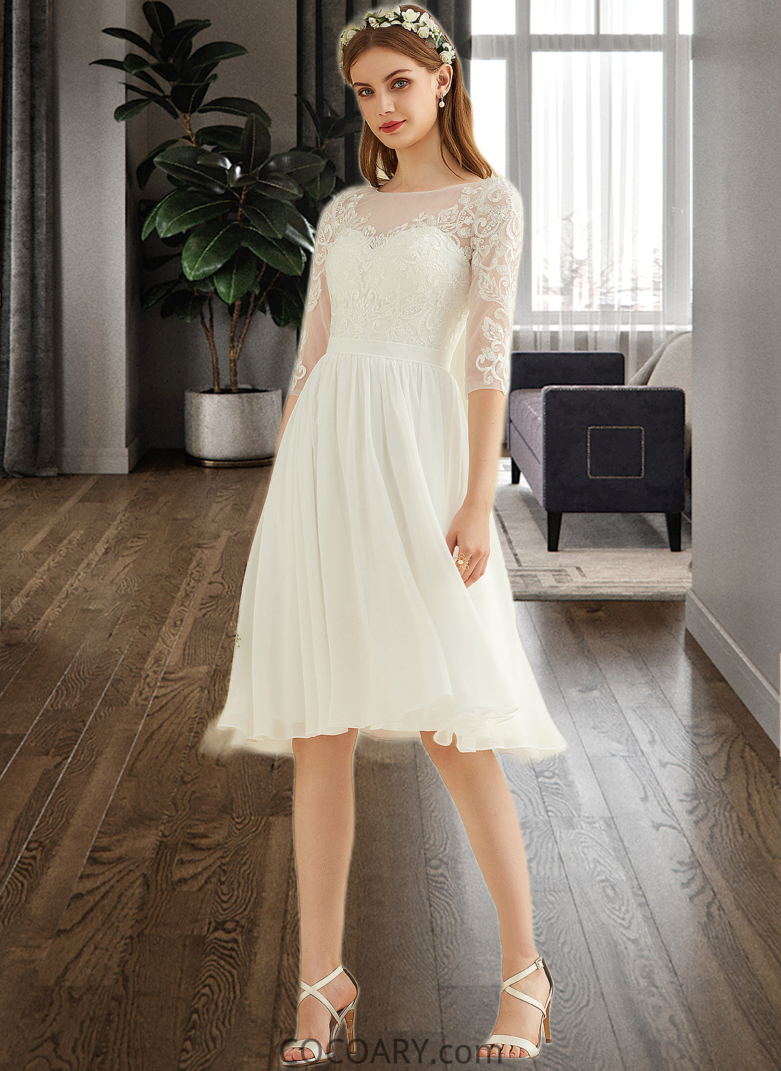 Kiersten A-Line Knee-Length Chiffon Lace Wedding Dress With Sequins DA8P0013689