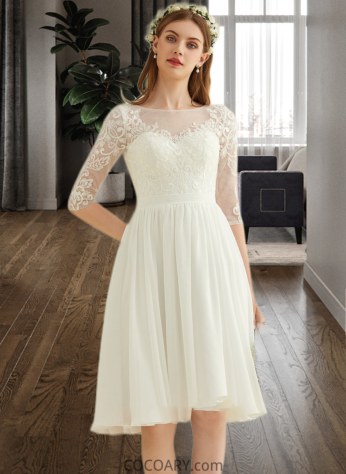 Kiersten A-Line Knee-Length Chiffon Lace Wedding Dress With Sequins DA8P0013689