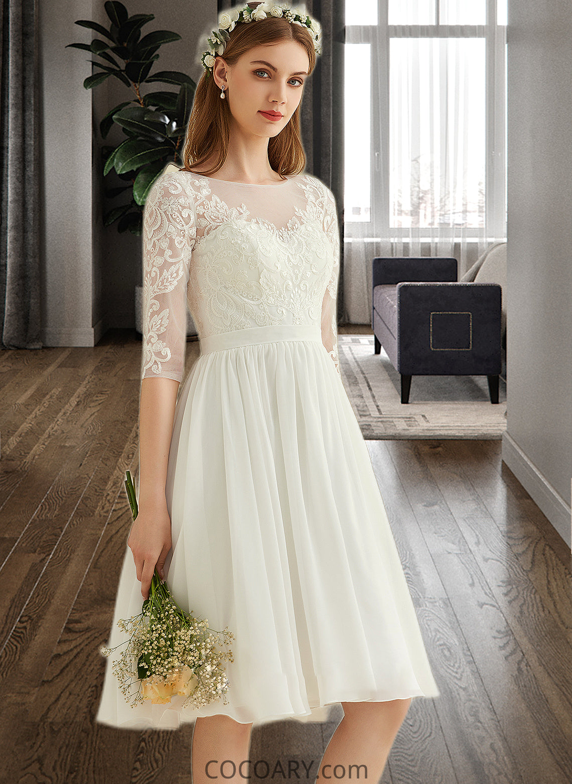 Kiersten A-Line Knee-Length Chiffon Lace Wedding Dress With Sequins DA8P0013689