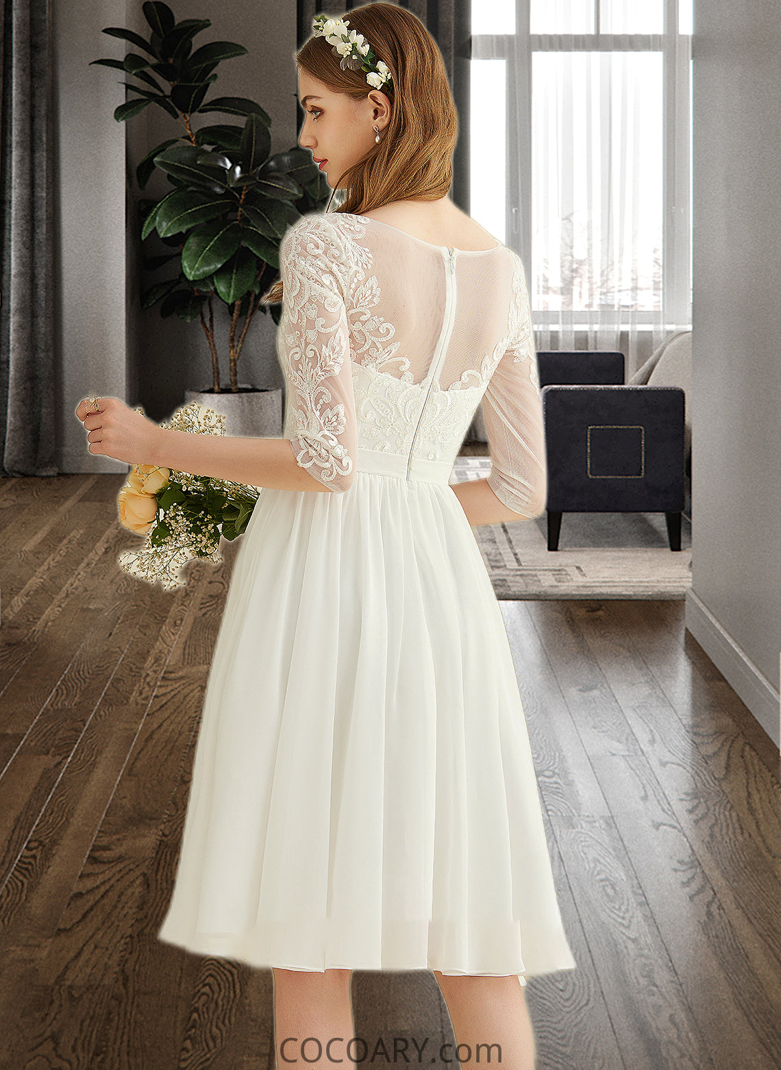 Kiersten A-Line Knee-Length Chiffon Lace Wedding Dress With Sequins DA8P0013689