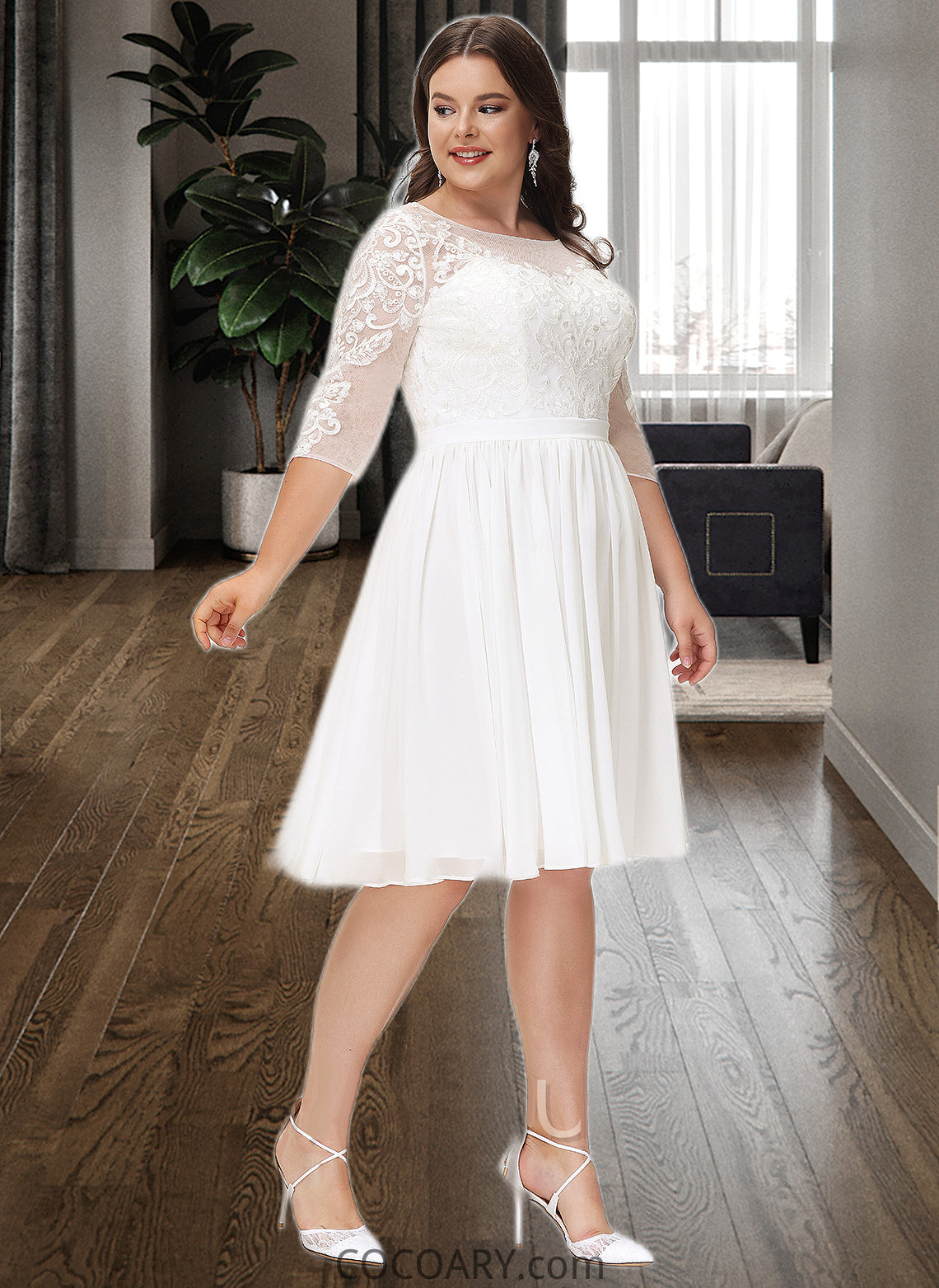 Kiersten A-Line Knee-Length Chiffon Lace Wedding Dress With Sequins DA8P0013689