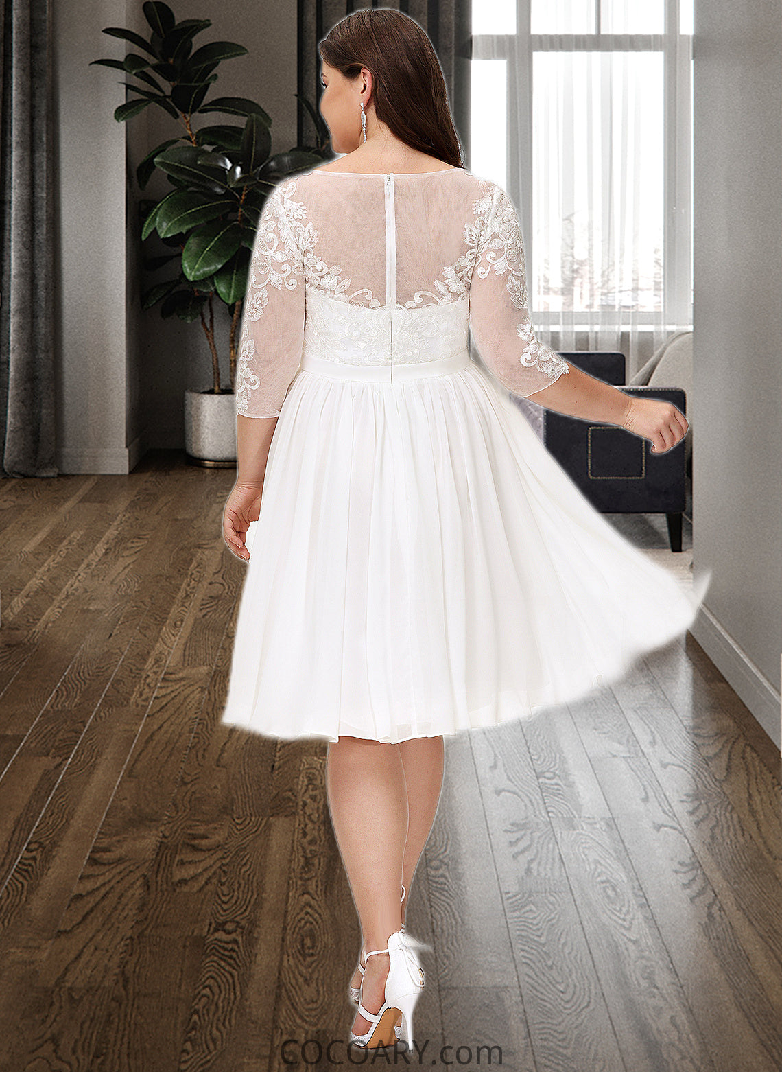 Kiersten A-Line Knee-Length Chiffon Lace Wedding Dress With Sequins DA8P0013689