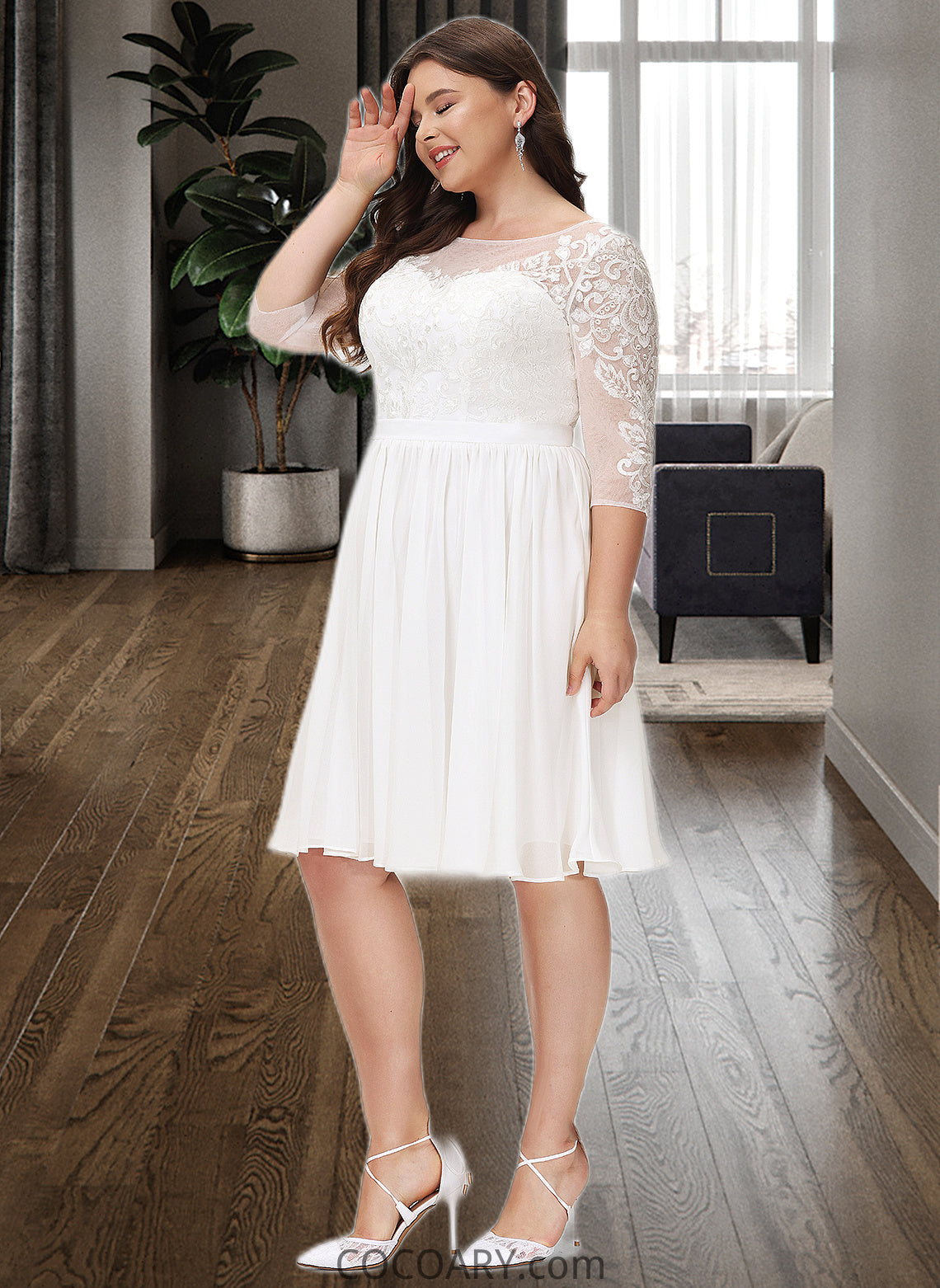 Kiersten A-Line Knee-Length Chiffon Lace Wedding Dress With Sequins DA8P0013689