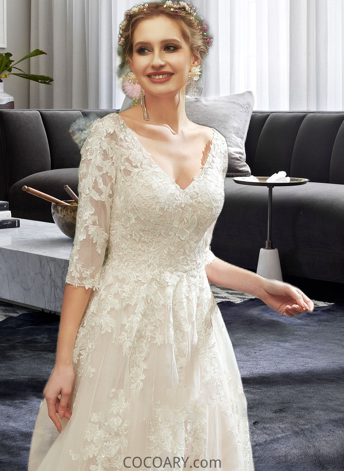 Kyla A-Line V-neck Court Train Wedding Dress With Sequins DA8P0013690