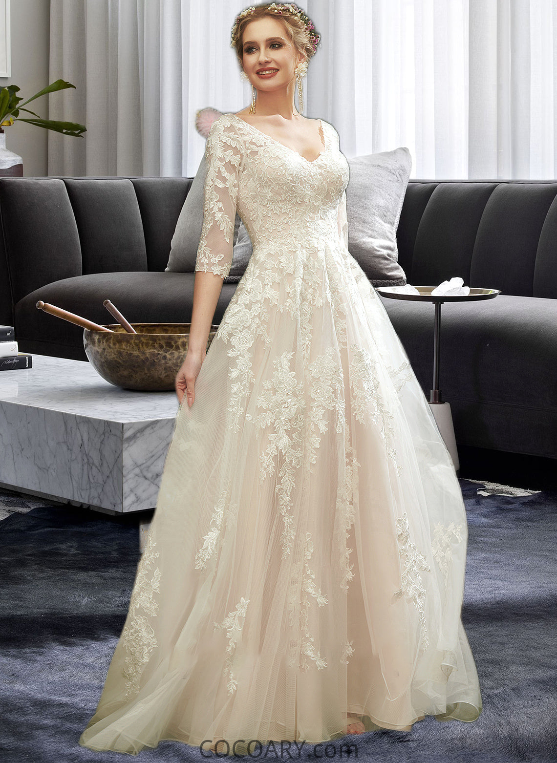 Kyla A-Line V-neck Court Train Wedding Dress With Sequins DA8P0013690