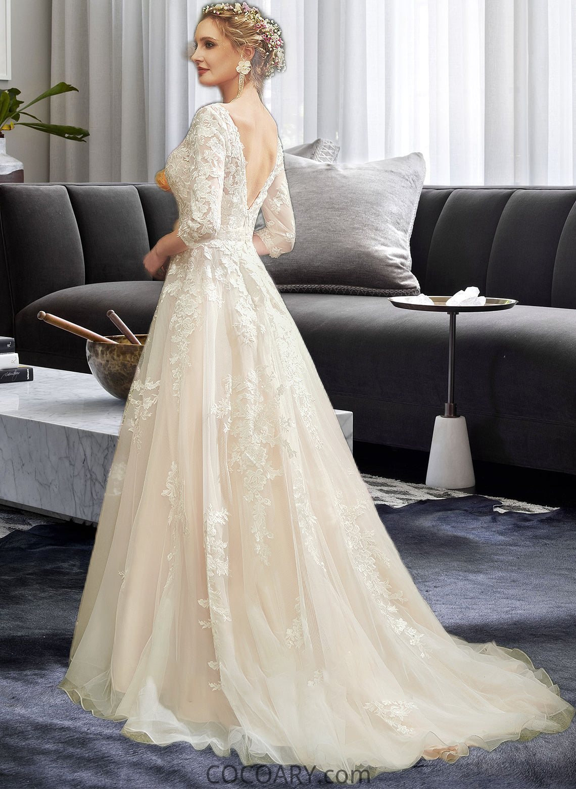 Kyla A-Line V-neck Court Train Wedding Dress With Sequins DA8P0013690