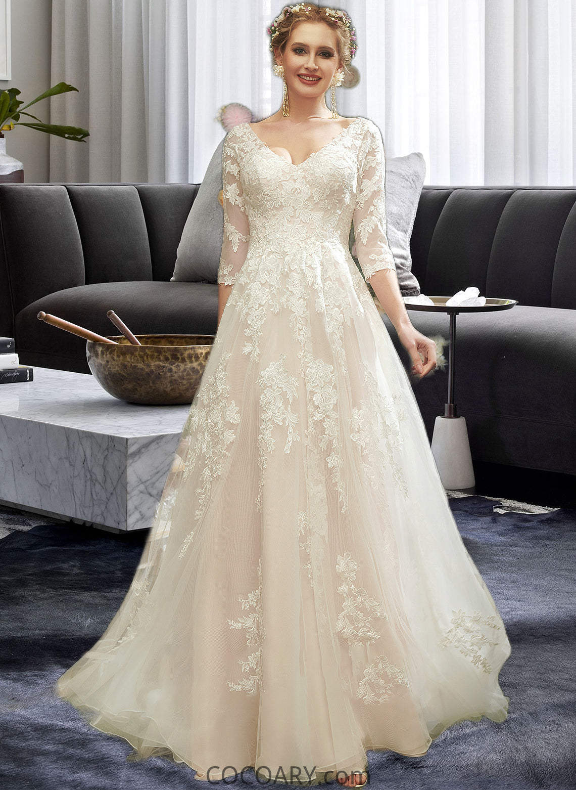 Kyla A-Line V-neck Court Train Wedding Dress With Sequins DA8P0013690