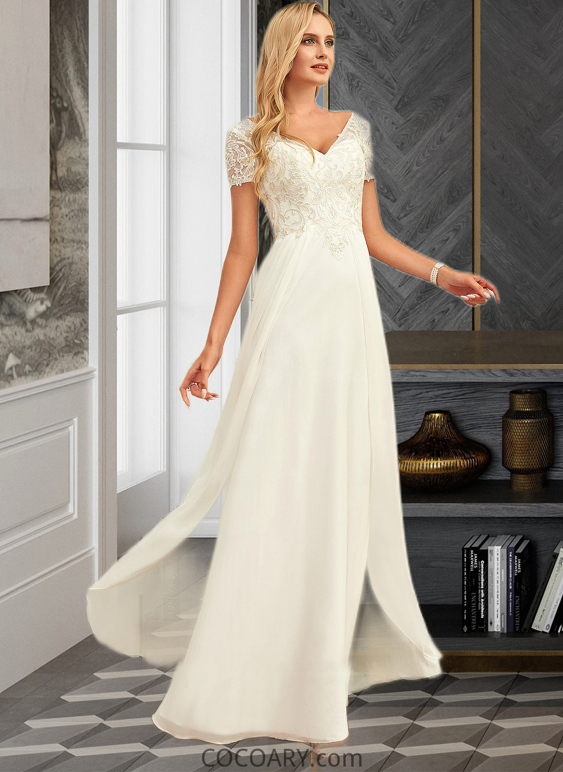 Abagail A-Line V-neck Floor-Length Chiffon Lace Wedding Dress With Lace DA8P0013691