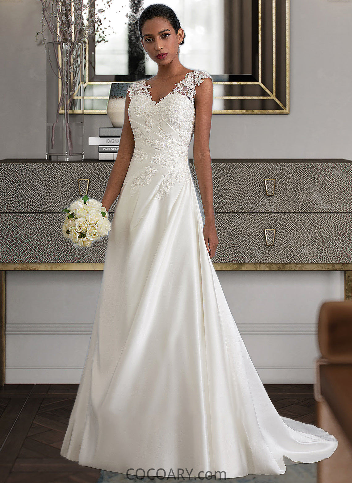 Kim Ball-Gown/Princess V-neck Sweep Train Satin Wedding Dress With Ruffle Beading Sequins DA8P0013693