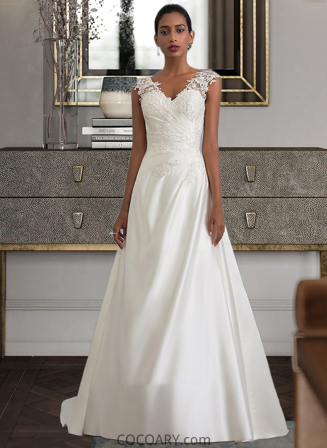 Kim Ball-Gown/Princess V-neck Sweep Train Satin Wedding Dress With Ruffle Beading Sequins DA8P0013693