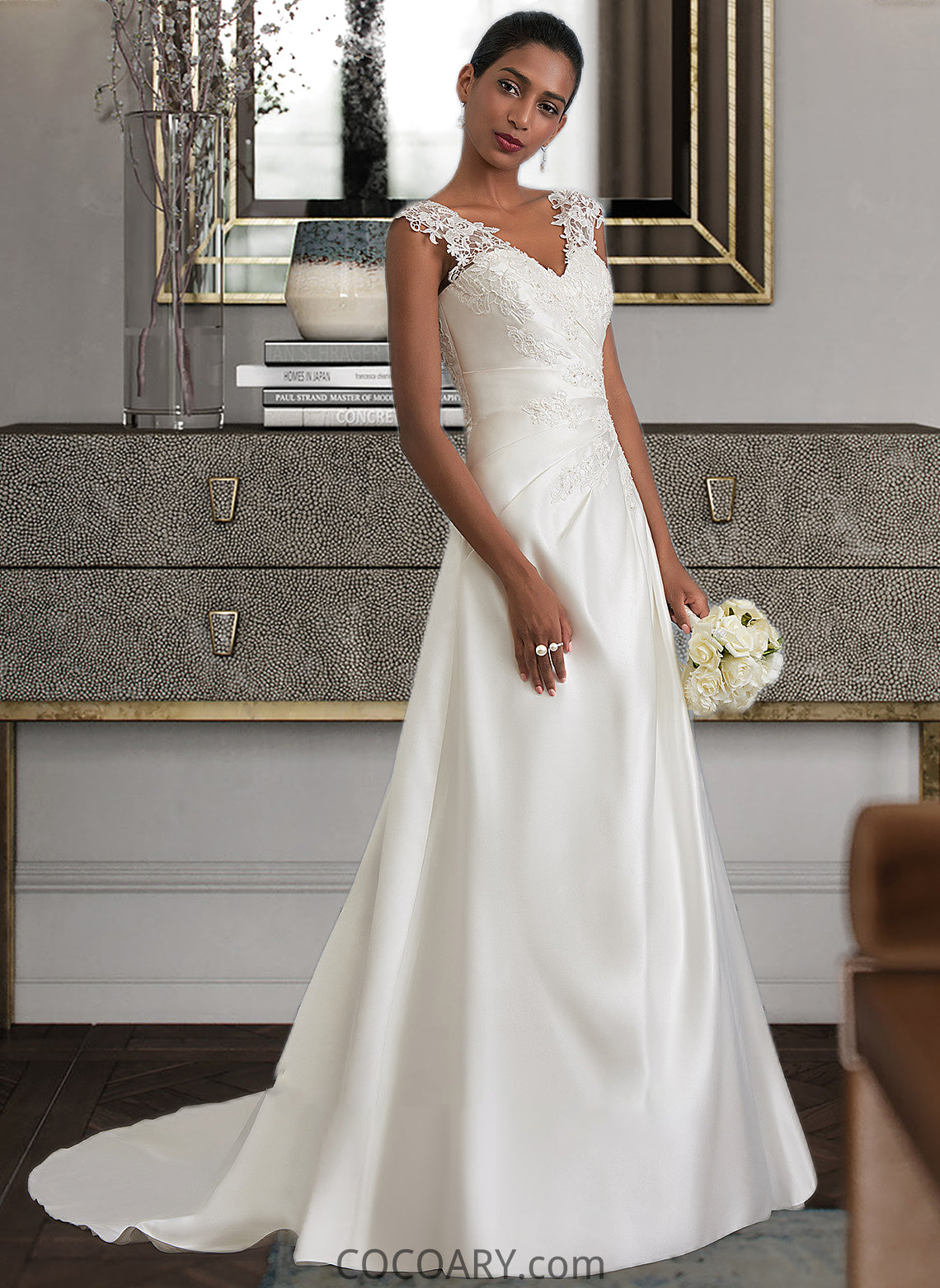 Kim Ball-Gown/Princess V-neck Sweep Train Satin Wedding Dress With Ruffle Beading Sequins DA8P0013693