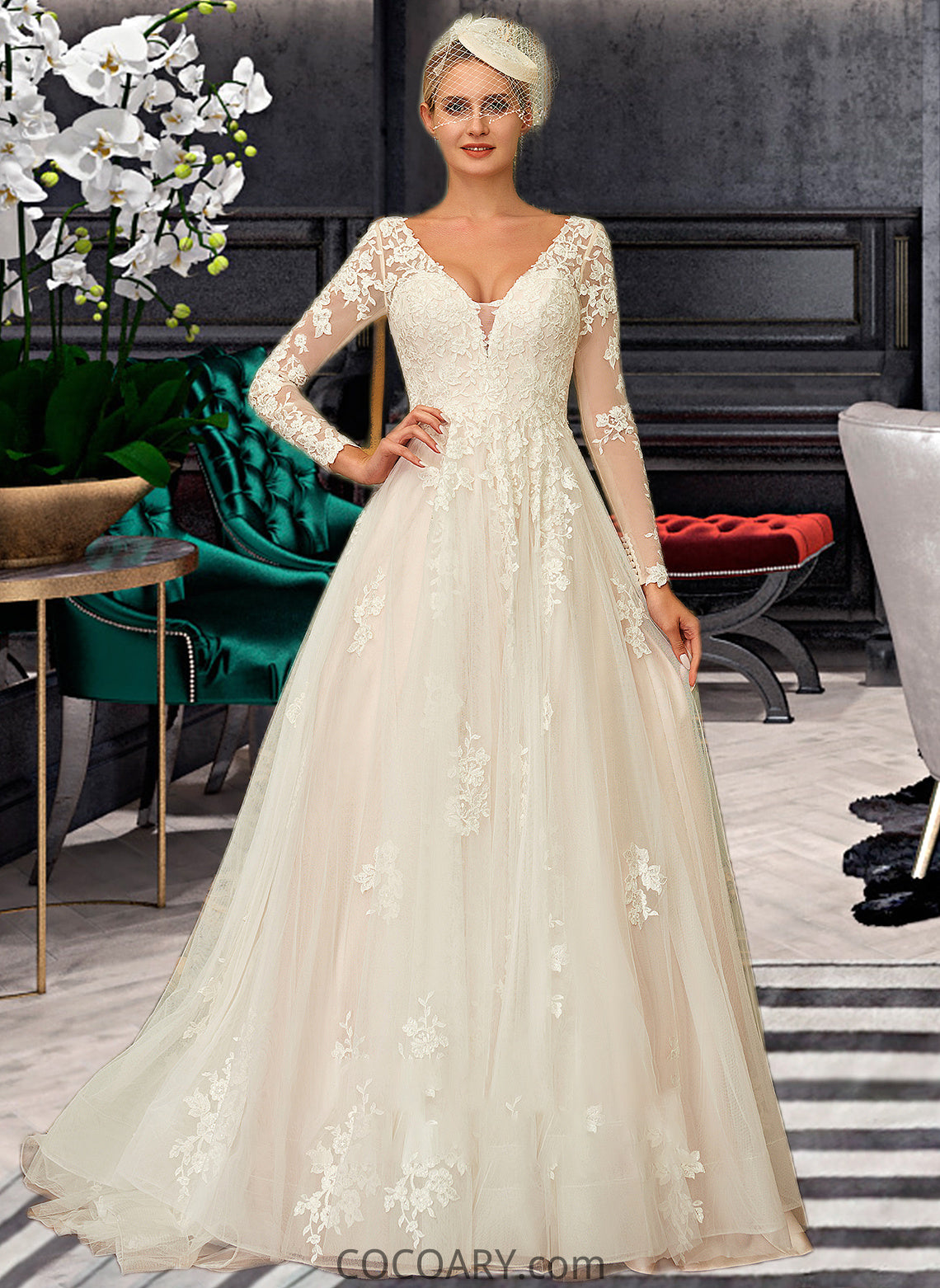 Aria Ball-Gown/Princess V-neck Sweep Train Tulle Lace Wedding Dress DA8P0013698