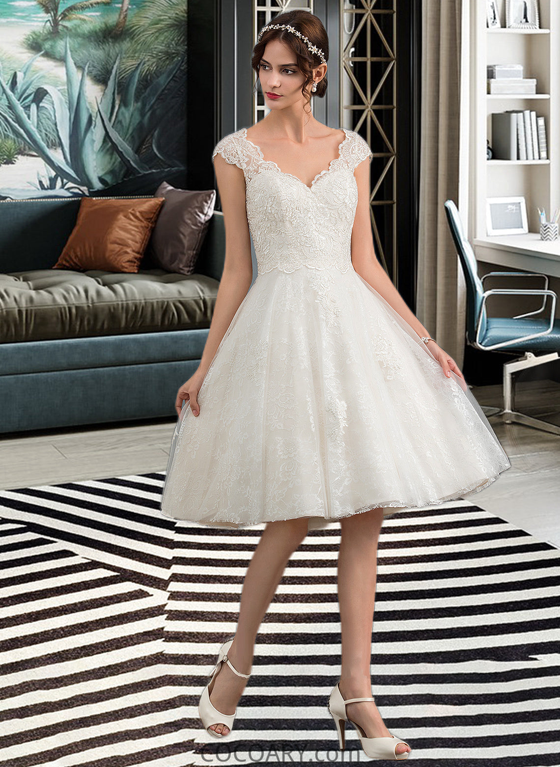 Erika A-Line V-neck Knee-Length Tulle Lace Wedding Dress DA8P0013700