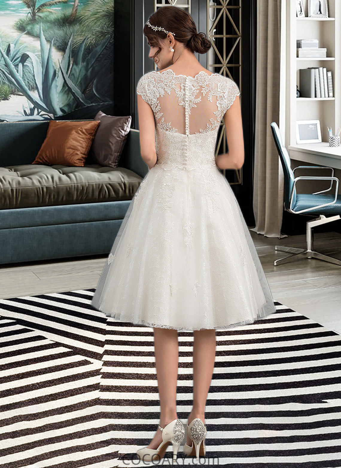 Erika A-Line V-neck Knee-Length Tulle Lace Wedding Dress DA8P0013700