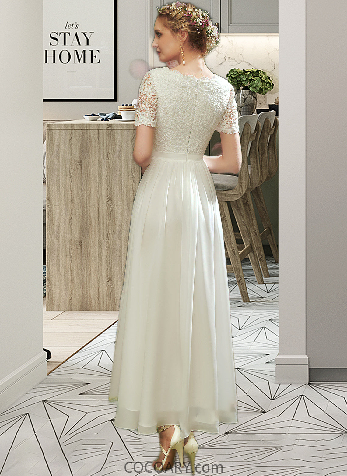 Kate A-Line V-neck Asymmetrical Wedding Dress With Lace DA8P0013712