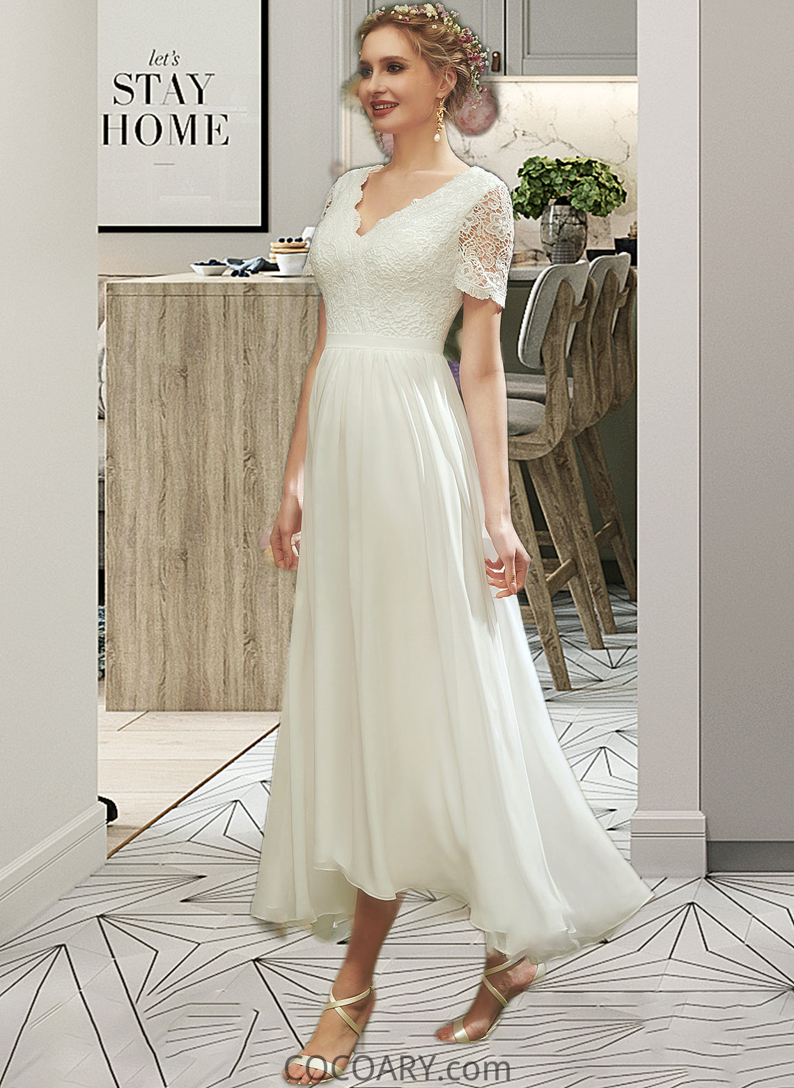 Kate A-Line V-neck Asymmetrical Wedding Dress With Lace DA8P0013712