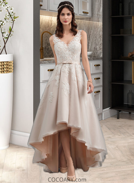 Kaitlynn A-Line V-neck Asymmetrical Tulle Lace Wedding Dress With Bow(s) DA8P0013717