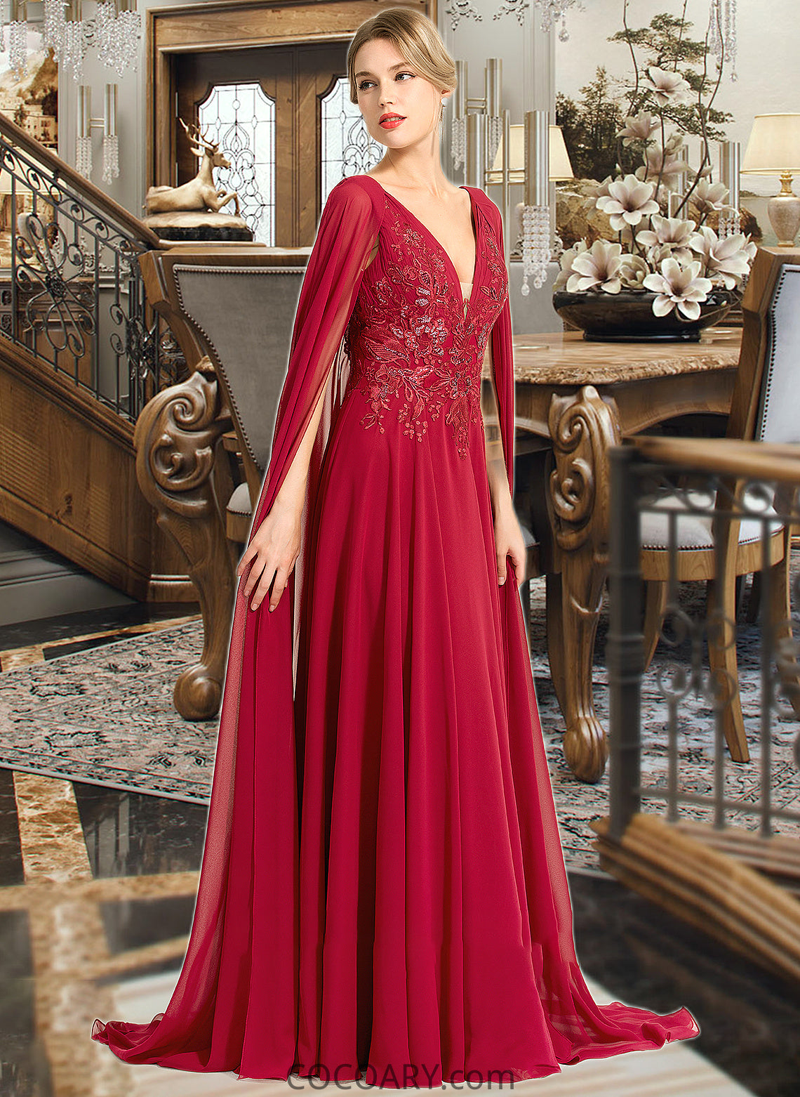 Jaliyah A-Line V-neck Floor-Length Chiffon Wedding Dress With Sequins DA8P0013718