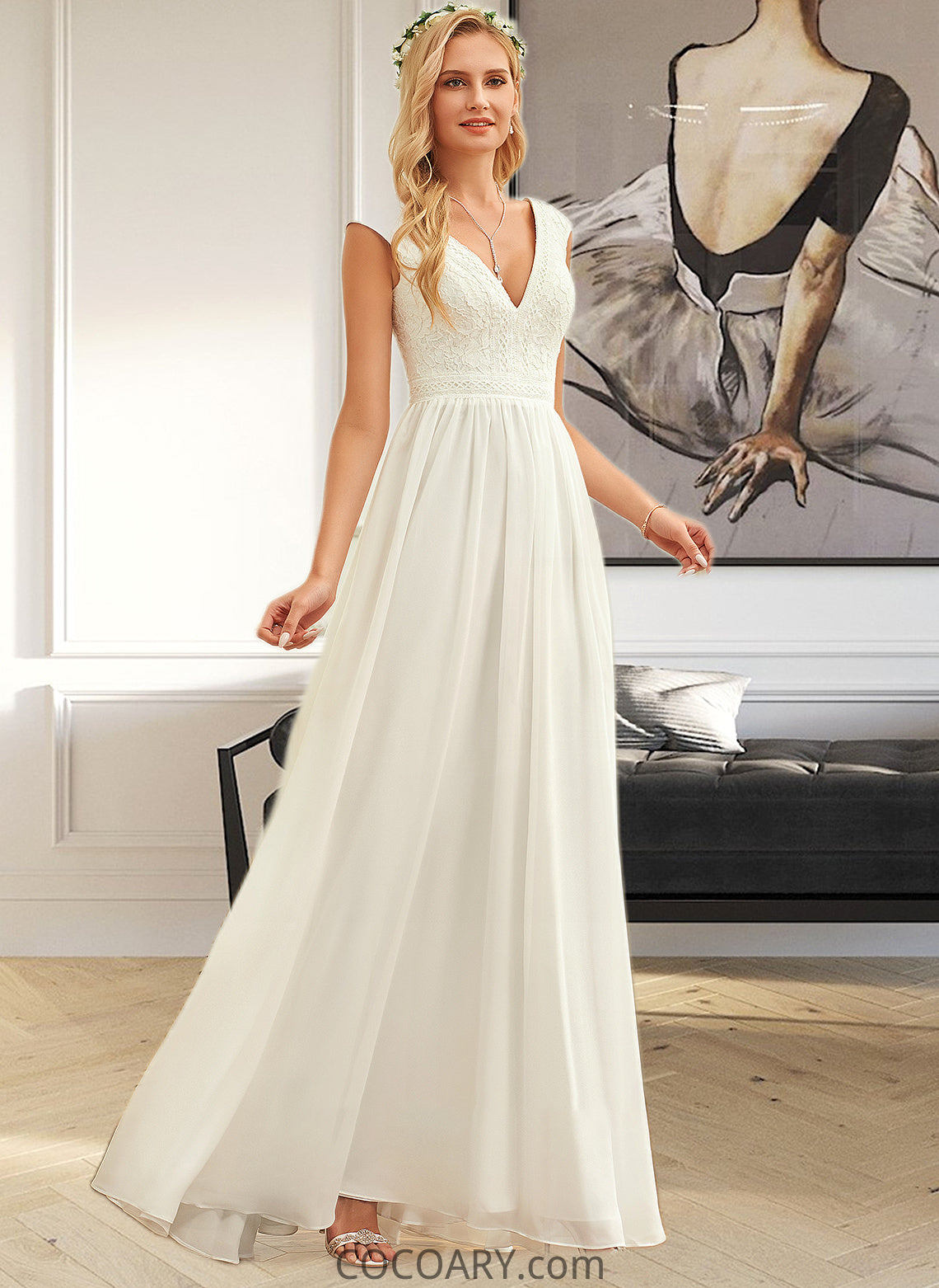 Raegan A-Line V-neck Floor-Length Chiffon Lace Wedding Dress DA8P0013722