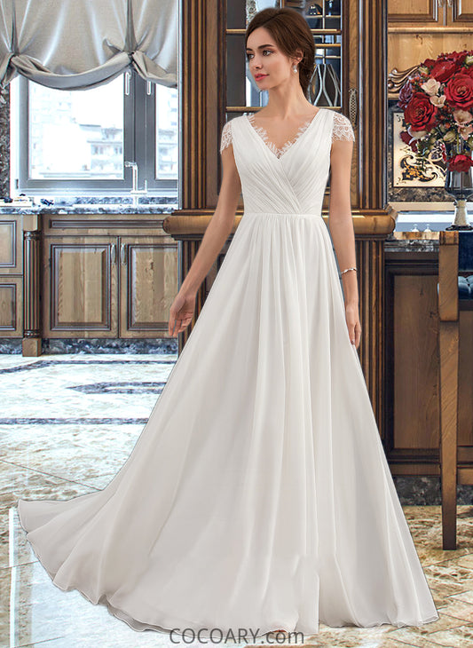 Macy A-Line V-neck Floor-Length Chiffon Lace Wedding Dress With Ruffle DA8P0013729