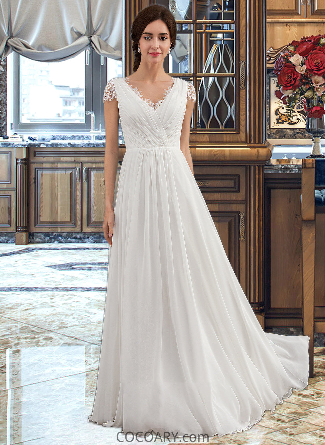 Macy A-Line V-neck Floor-Length Chiffon Lace Wedding Dress With Ruffle DA8P0013729