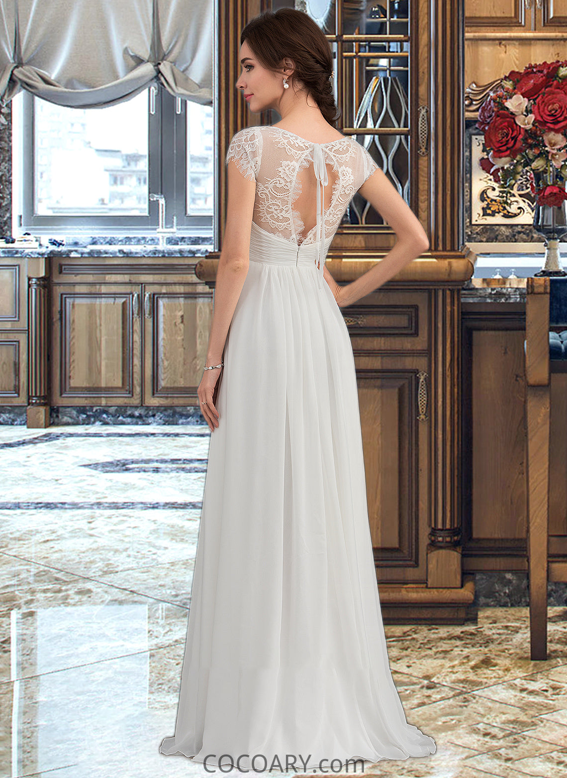 Macy A-Line V-neck Floor-Length Chiffon Lace Wedding Dress With Ruffle DA8P0013729