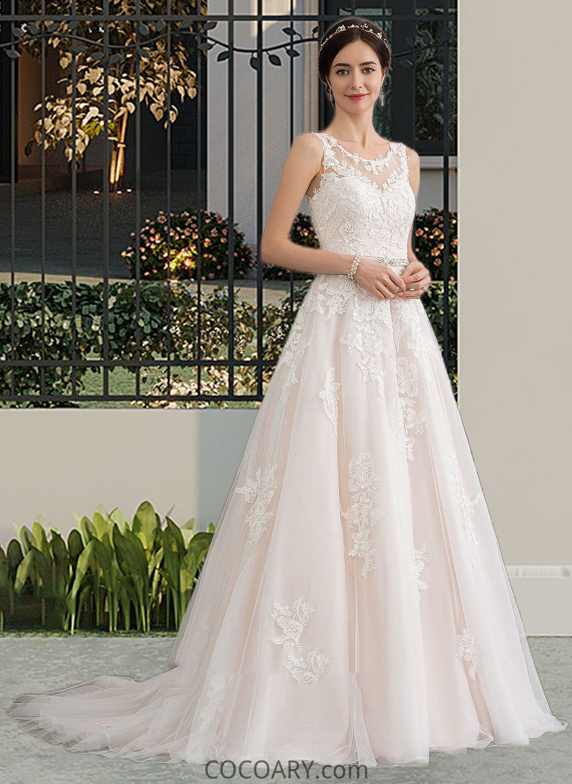 Lori Ball-Gown/Princess Scoop Neck Court Train Tulle Wedding Dress With Beading Sequins DA8P0013730