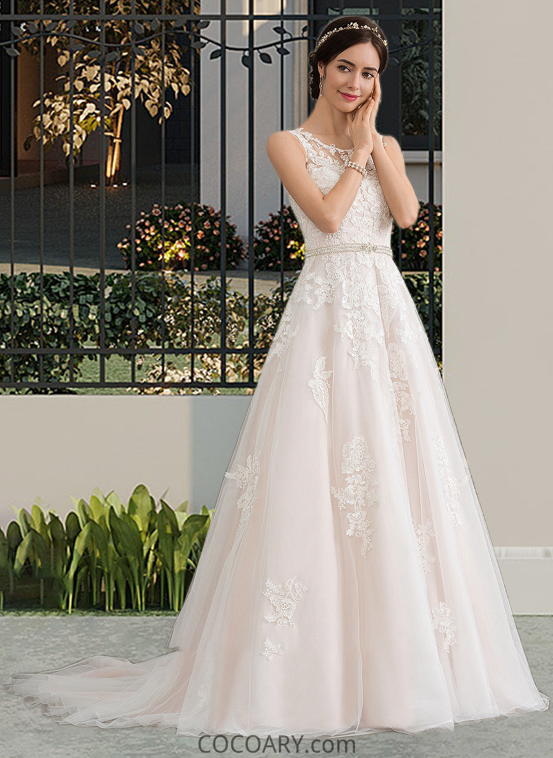 Lori Ball-Gown/Princess Scoop Neck Court Train Tulle Wedding Dress With Beading Sequins DA8P0013730