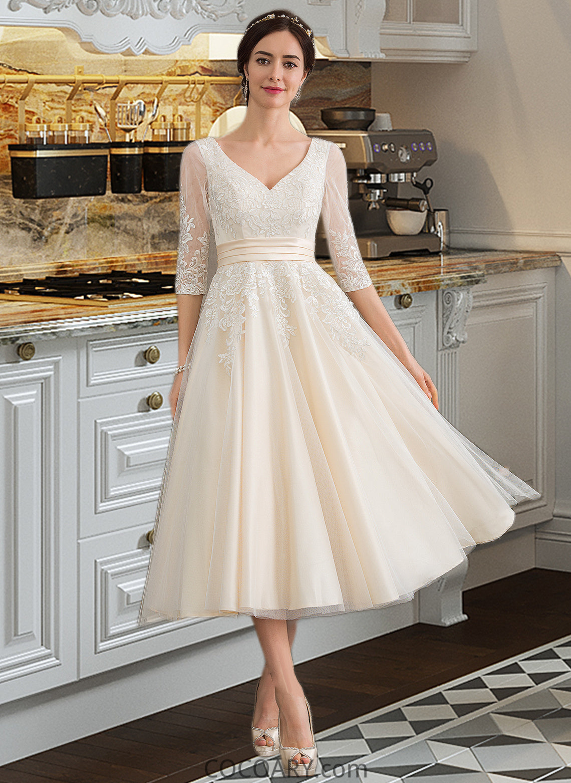 Suzanne Ball-Gown/Princess V-neck Tea-Length Tulle Wedding Dress DA8P0013731