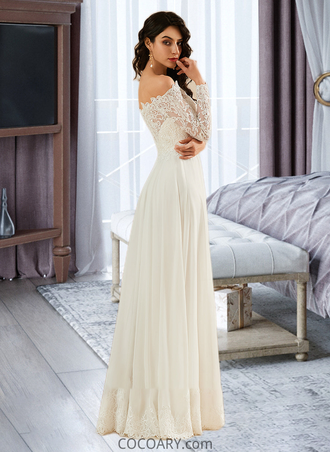 Haylee A-Line Off-the-Shoulder Sweep Train Wedding Dress With Lace DA8P0013734