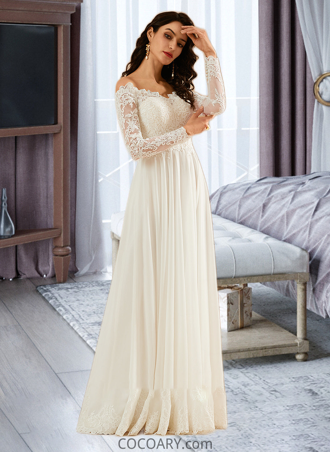 Haylee A-Line Off-the-Shoulder Sweep Train Wedding Dress With Lace DA8P0013734