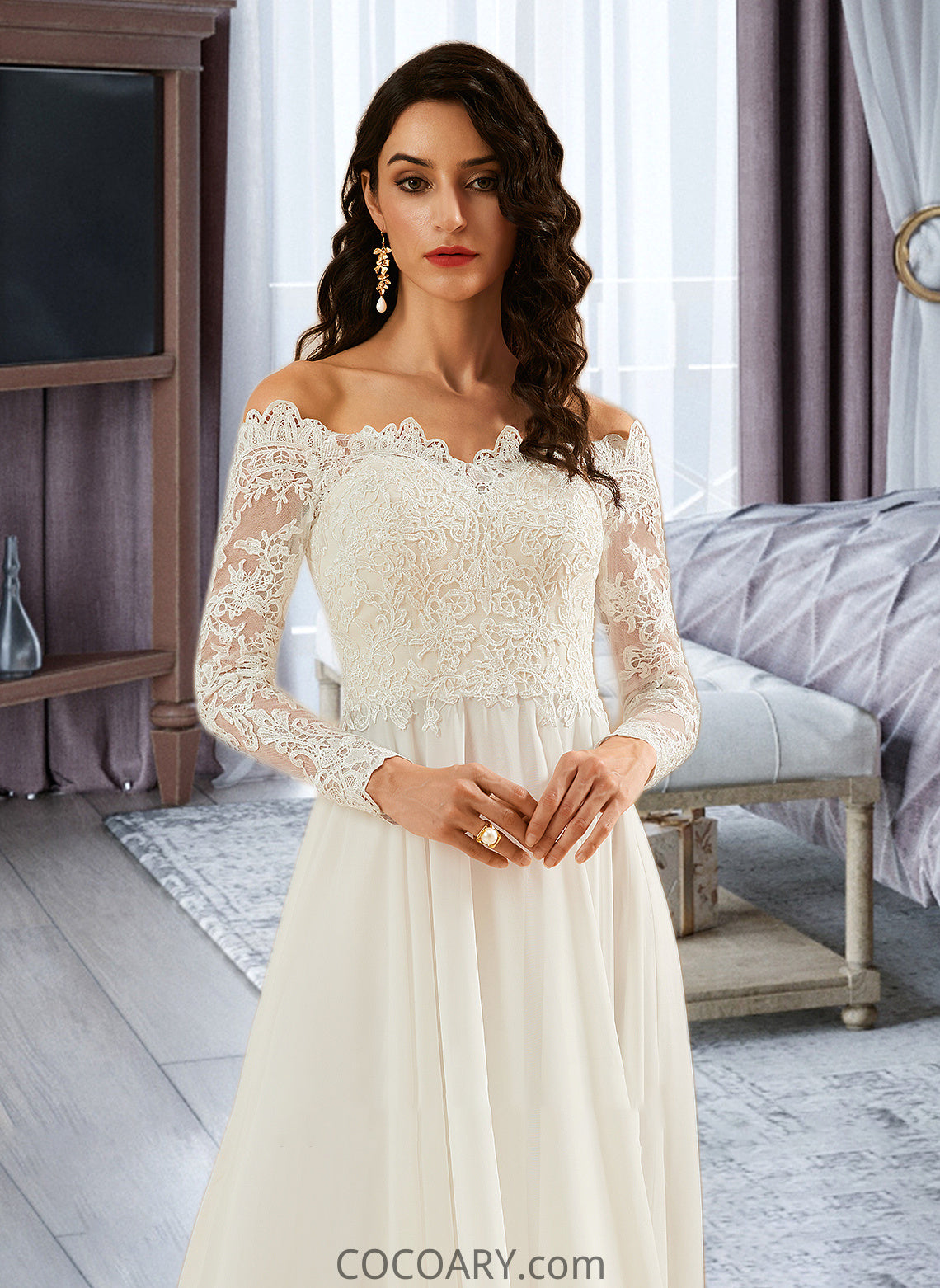 Haylee A-Line Off-the-Shoulder Sweep Train Wedding Dress With Lace DA8P0013734