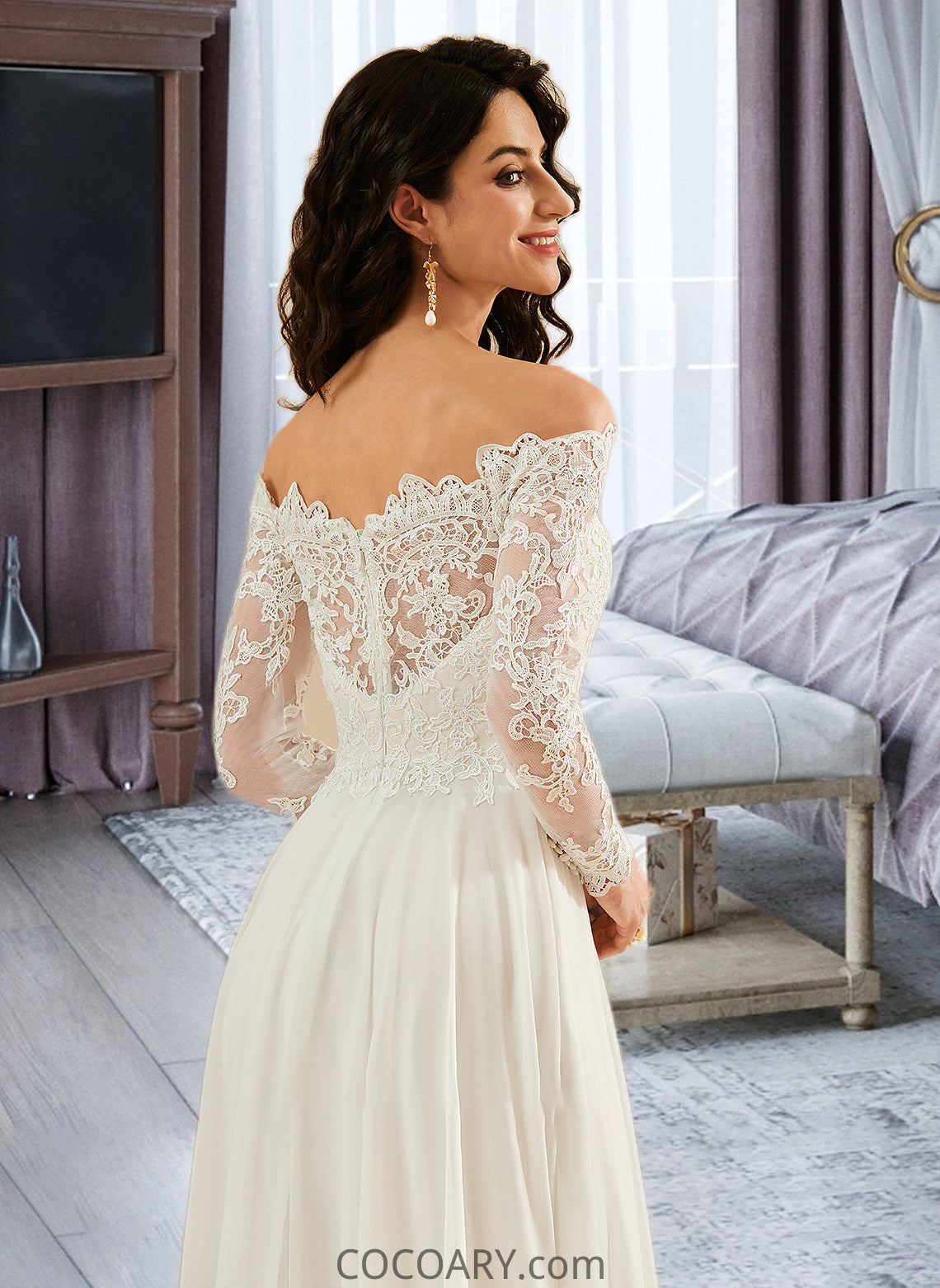 Haylee A-Line Off-the-Shoulder Sweep Train Wedding Dress With Lace DA8P0013734