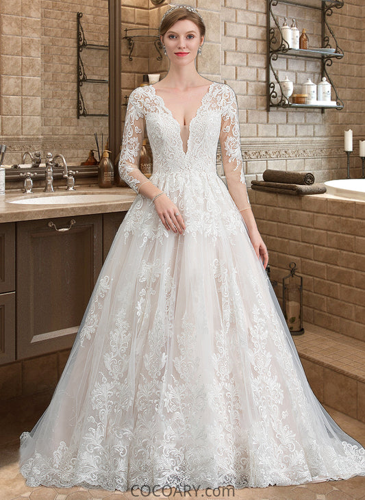 Mikaela Ball-Gown/Princess V-neck Chapel Train Tulle Wedding Dress DA8P0013735