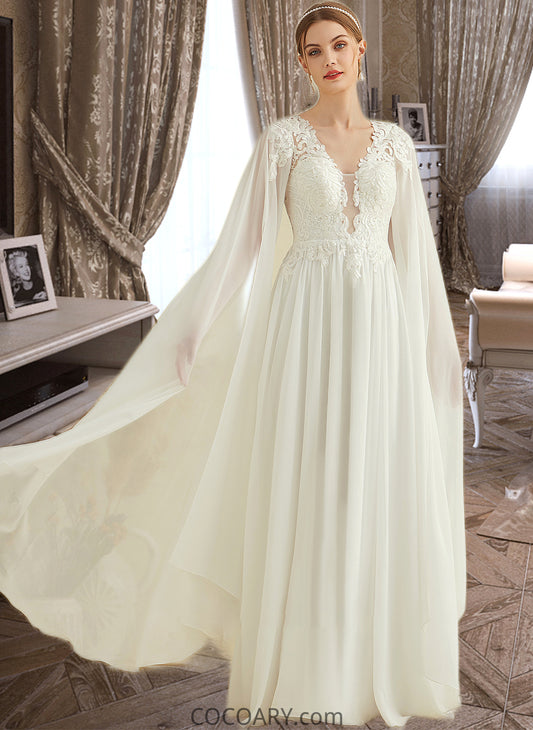 Kaiya A-Line V-neck Floor-Length Chiffon Lace Wedding Dress With Sequins DA8P0013736