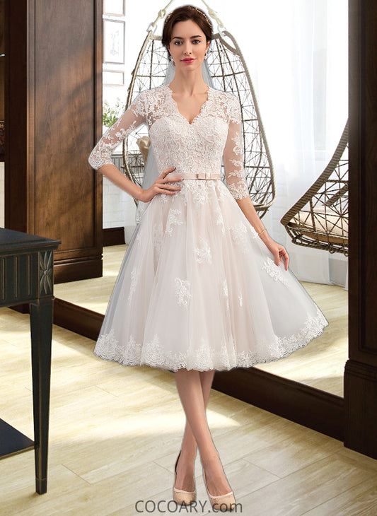 Nell A-Line V-neck Knee-Length Tulle Wedding Dress With Bow(s) DA8P0013737