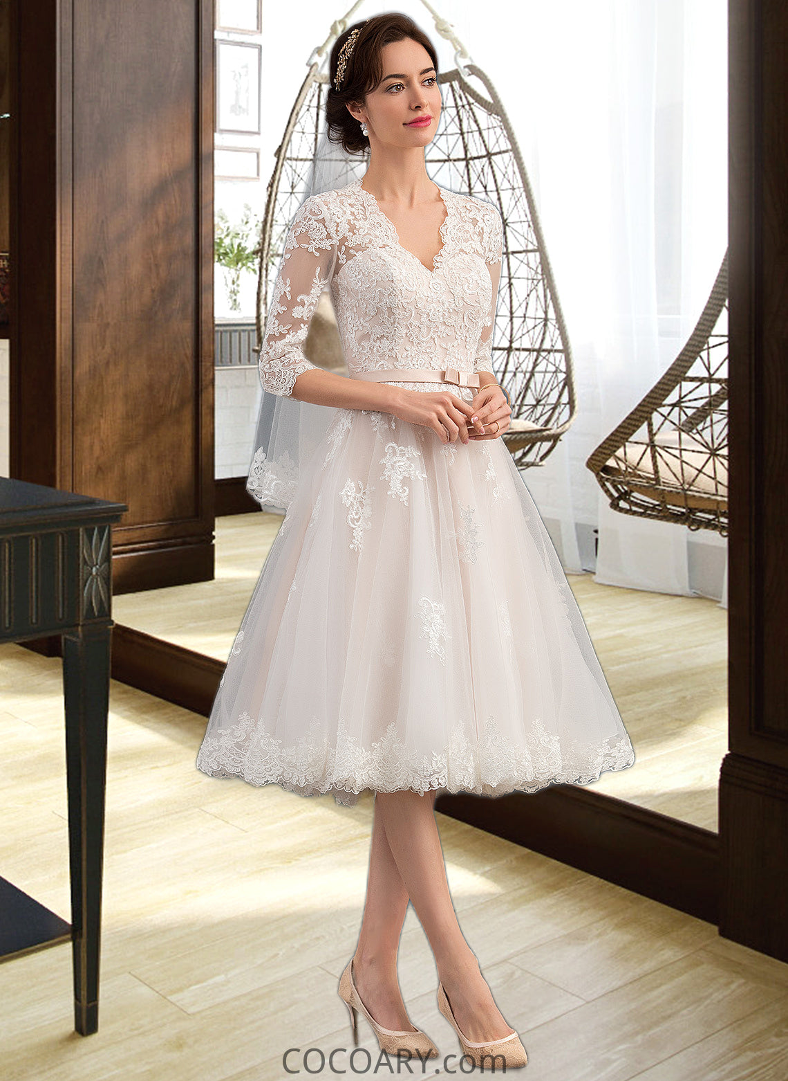 Nell A-Line V-neck Knee-Length Tulle Wedding Dress With Bow(s) DA8P0013737