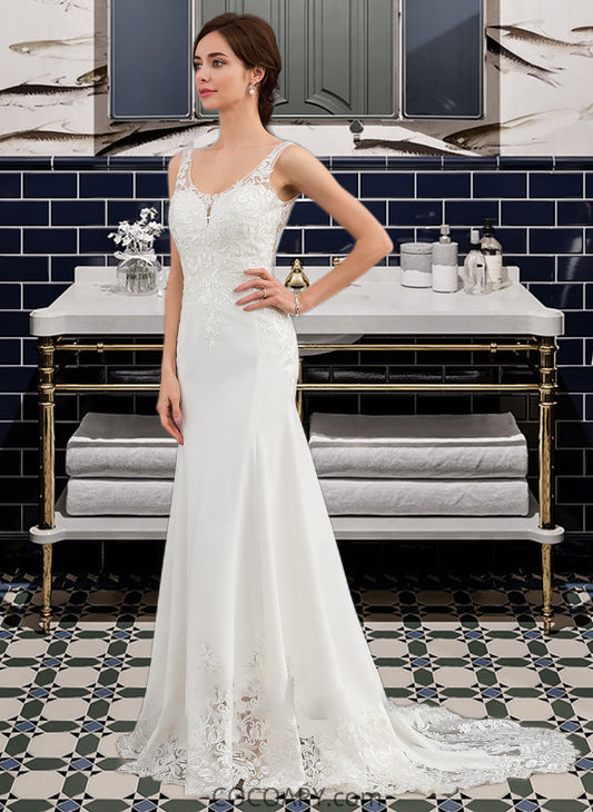 Jolie Trumpet/Mermaid V-neck Court Train Lace Stretch Crepe Wedding Dress With Sequins DA8P0013738