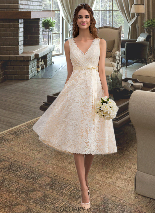 Harley A-Line V-neck Knee-Length Lace Wedding Dress With Bow(s) DA8P0013739