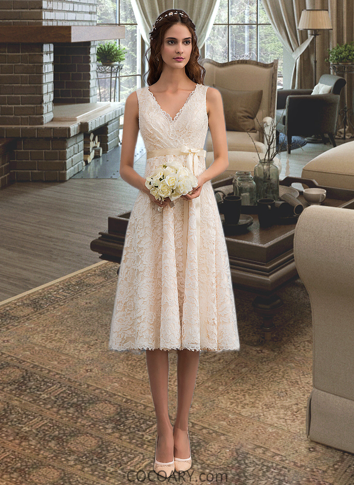 Harley A-Line V-neck Knee-Length Lace Wedding Dress With Bow(s) DA8P0013739