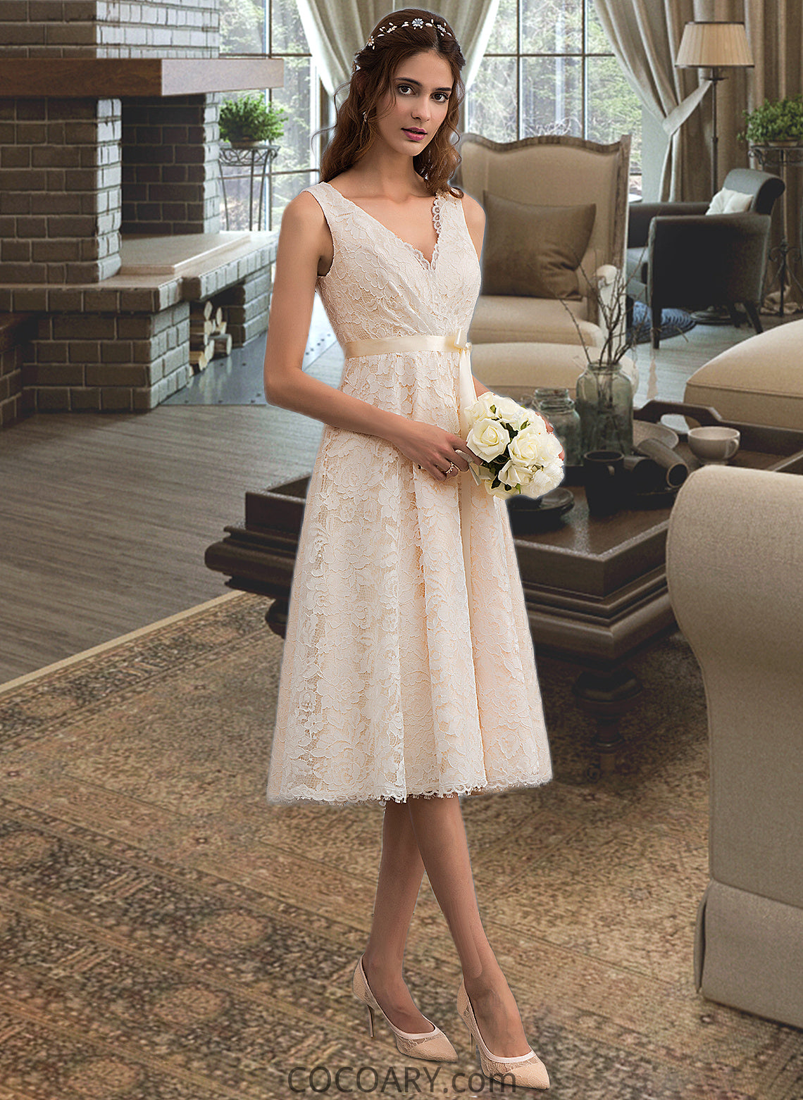 Harley A-Line V-neck Knee-Length Lace Wedding Dress With Bow(s) DA8P0013739