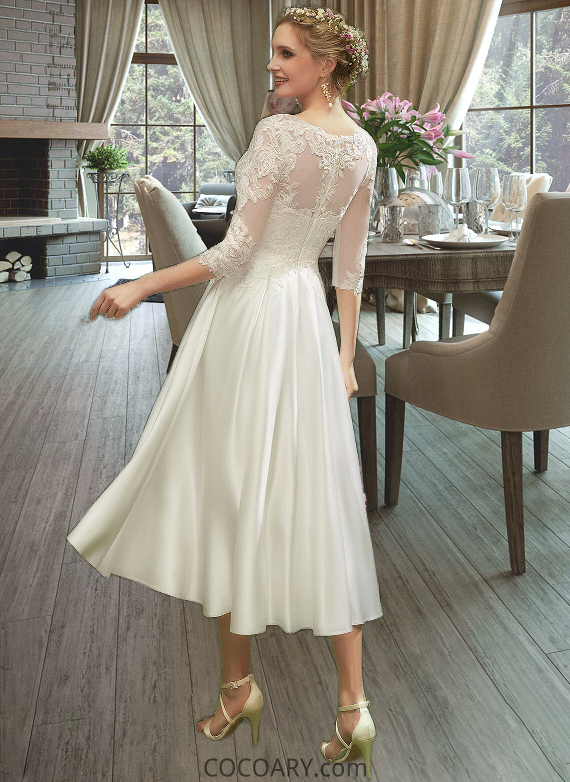 Leticia A-Line Illusion Tea-Length Wedding Dress With Lace DA8P0013741