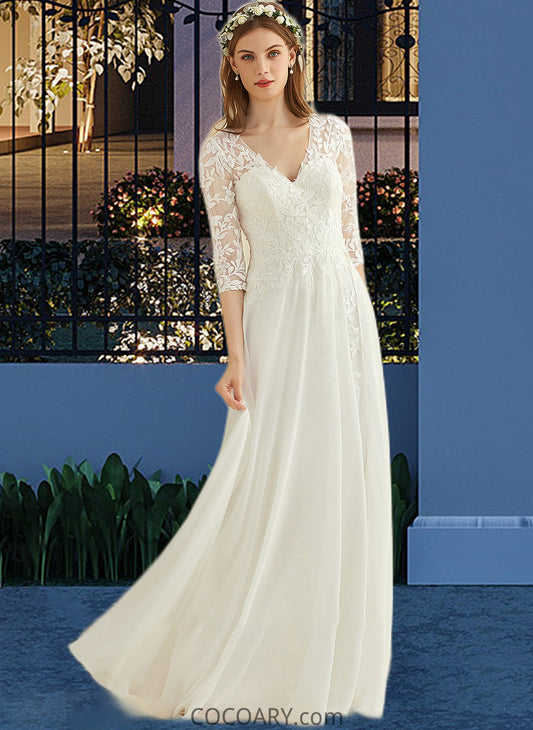 Gill A-Line V-neck Floor-Length Chiffon Lace Wedding Dress DA8P0013745