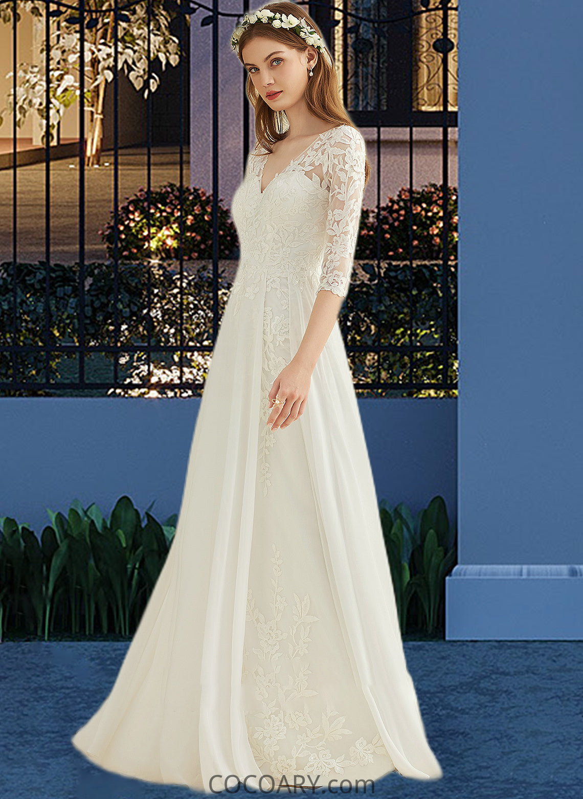 Gill A-Line V-neck Floor-Length Chiffon Lace Wedding Dress DA8P0013745