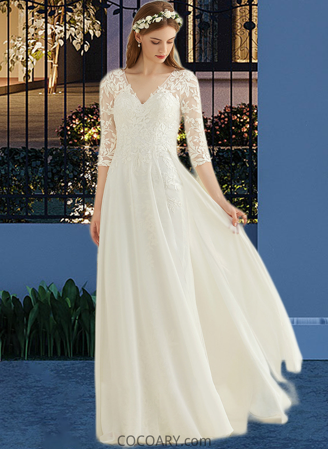 Gill A-Line V-neck Floor-Length Chiffon Lace Wedding Dress DA8P0013745