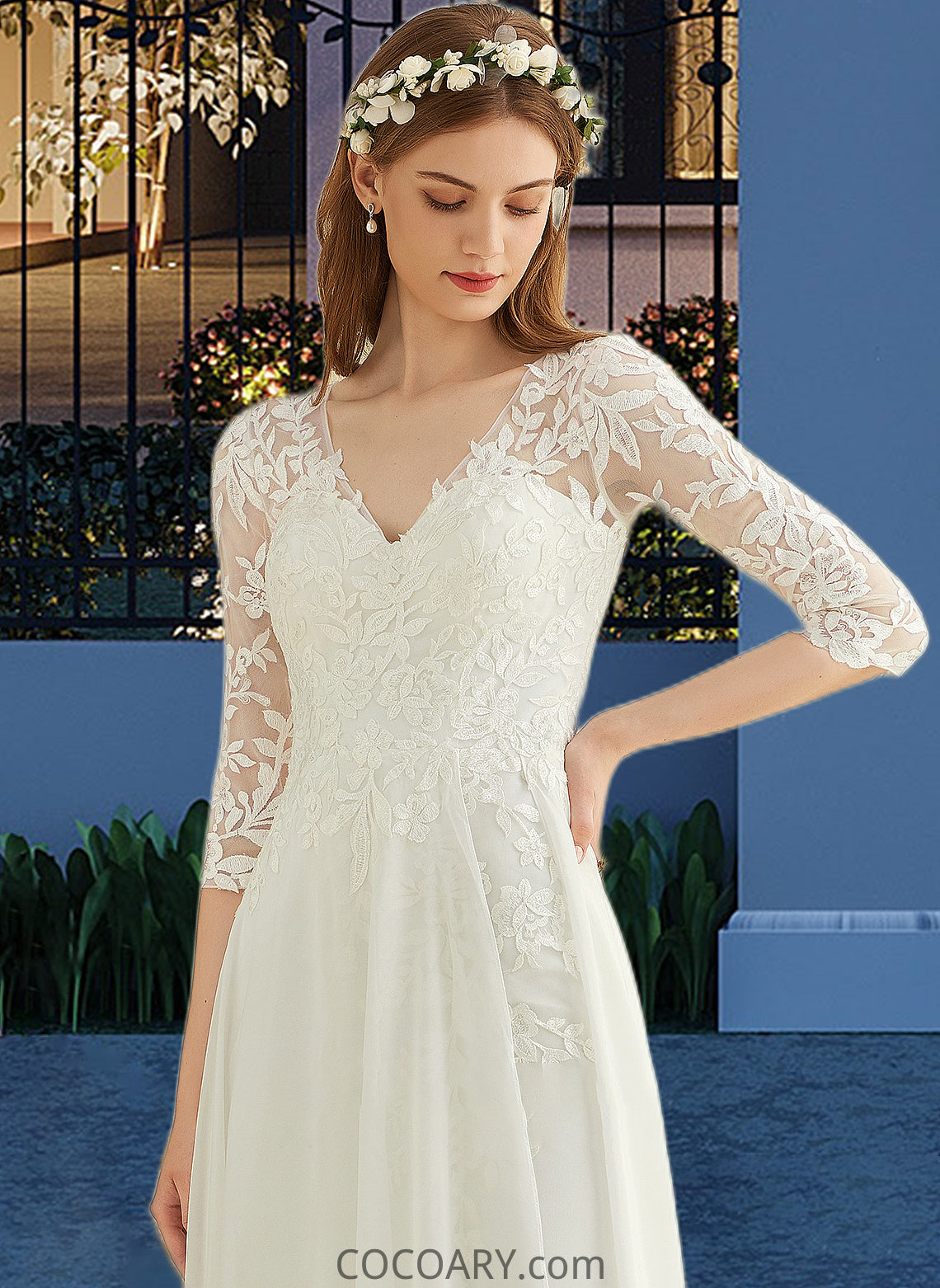 Gill A-Line V-neck Floor-Length Chiffon Lace Wedding Dress DA8P0013745