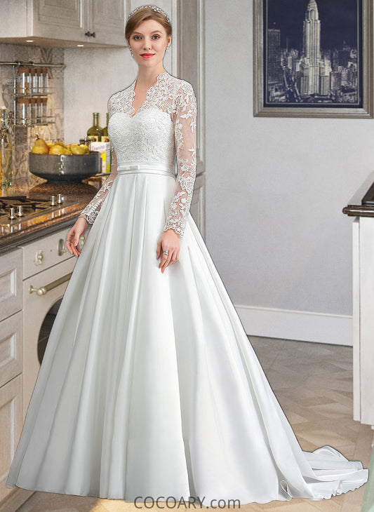 Wendy Ball-Gown/Princess V-neck Court Train Satin Wedding Dress With Bow(s) DA8P0013746